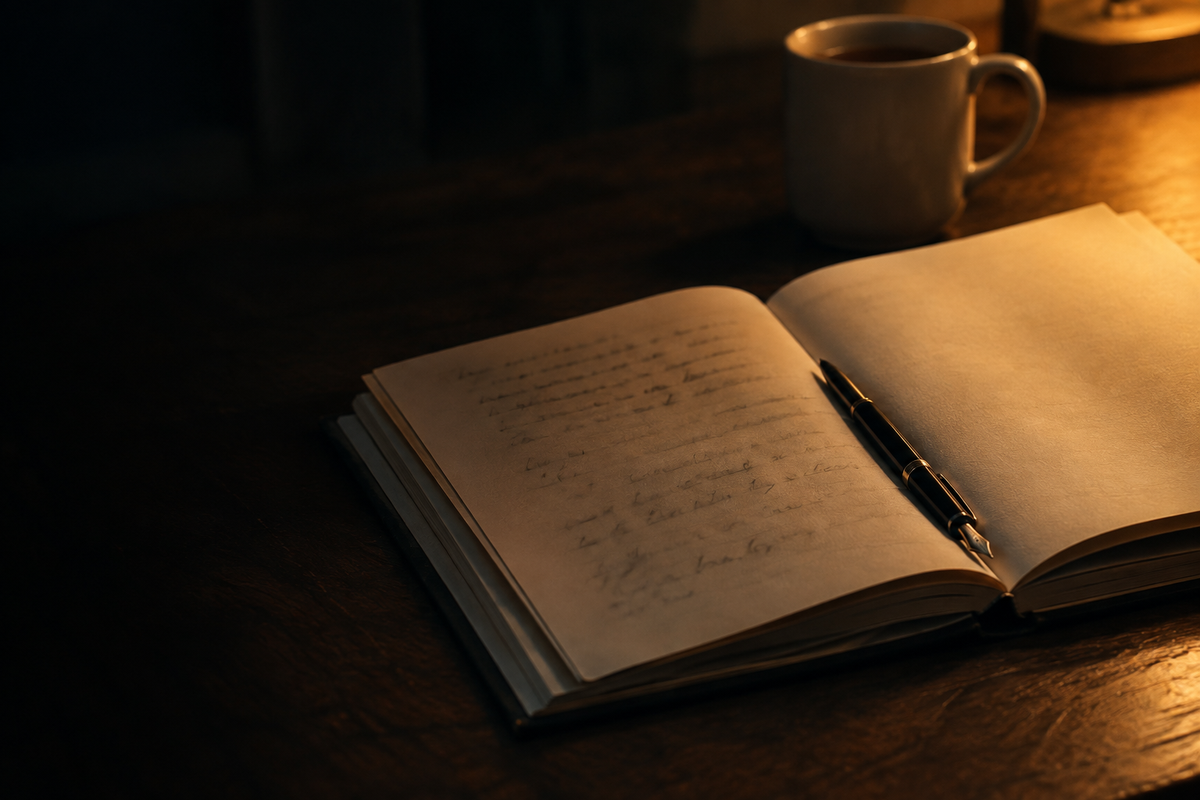 An open journal part-filled in by hand, a pen resting on the page, lit by a single lamp