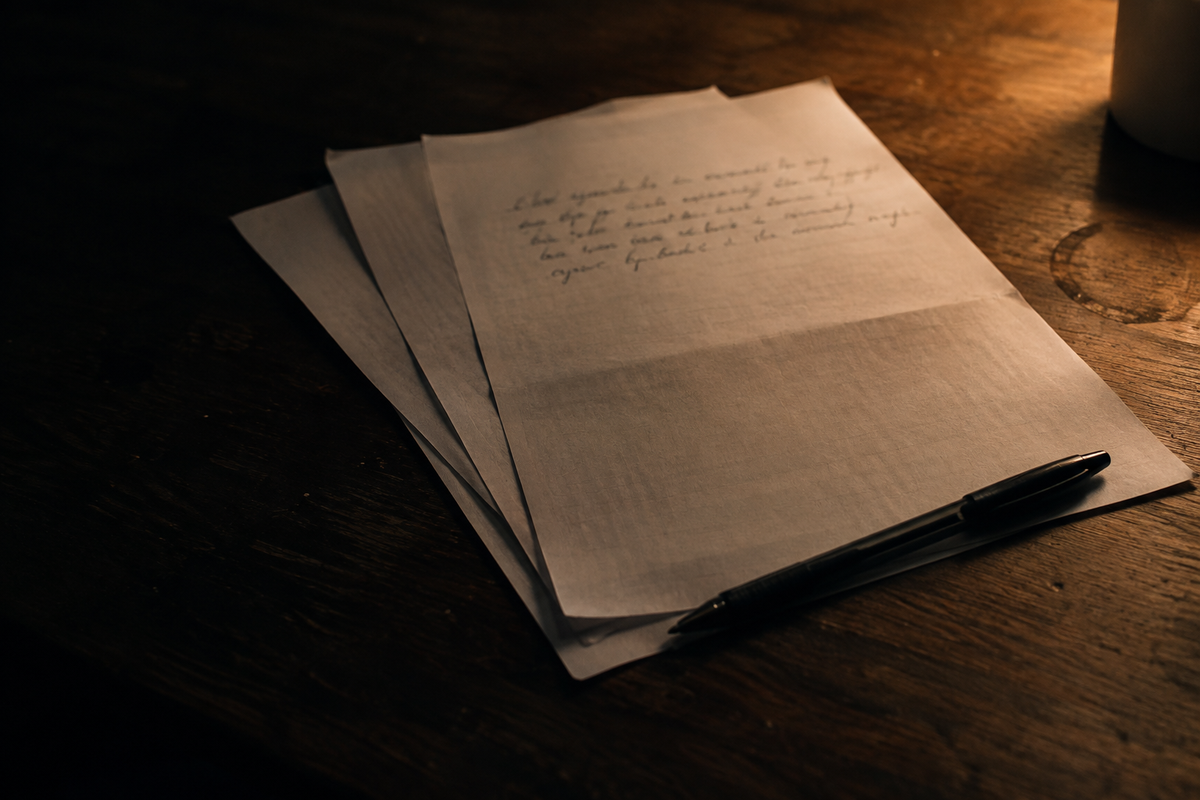 Loose printed pages on a dark table at night with a few lines written in ink and a ballpoint pen