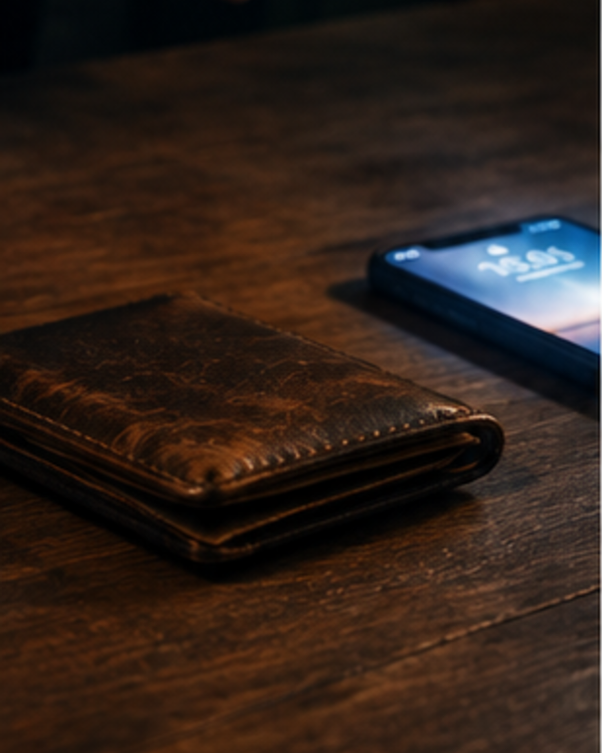 A worn leather wallet and a lit phone on a dark kitchen table late at night