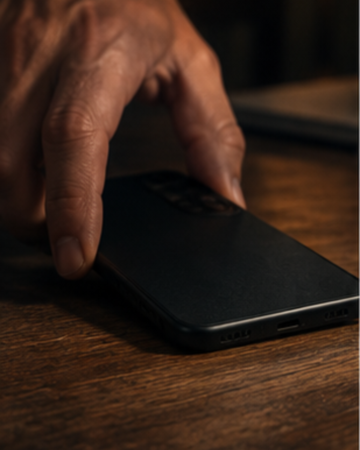 A hand turning a phone face down on a table
