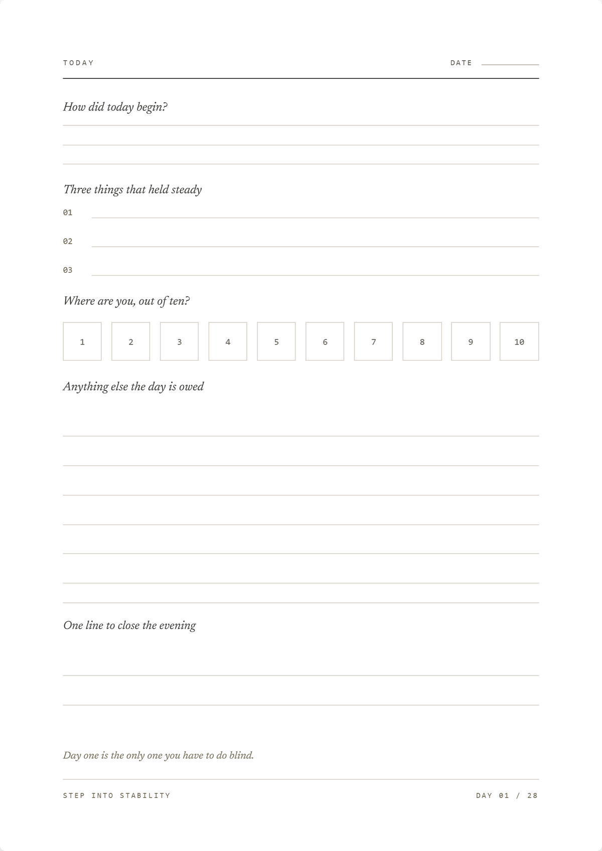 Printable daily journal page: how today began, three anchors, a score out of ten, one closing line.
