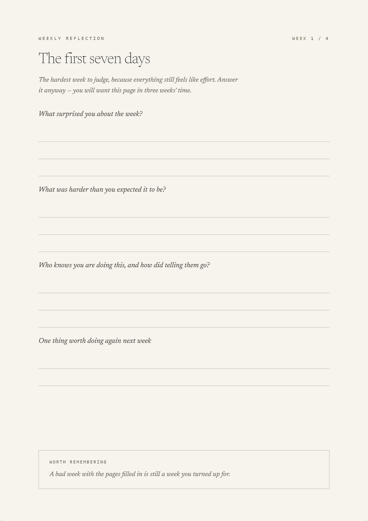 Weekly reflection page from the Daily Recovery Journal, with four written prompts.