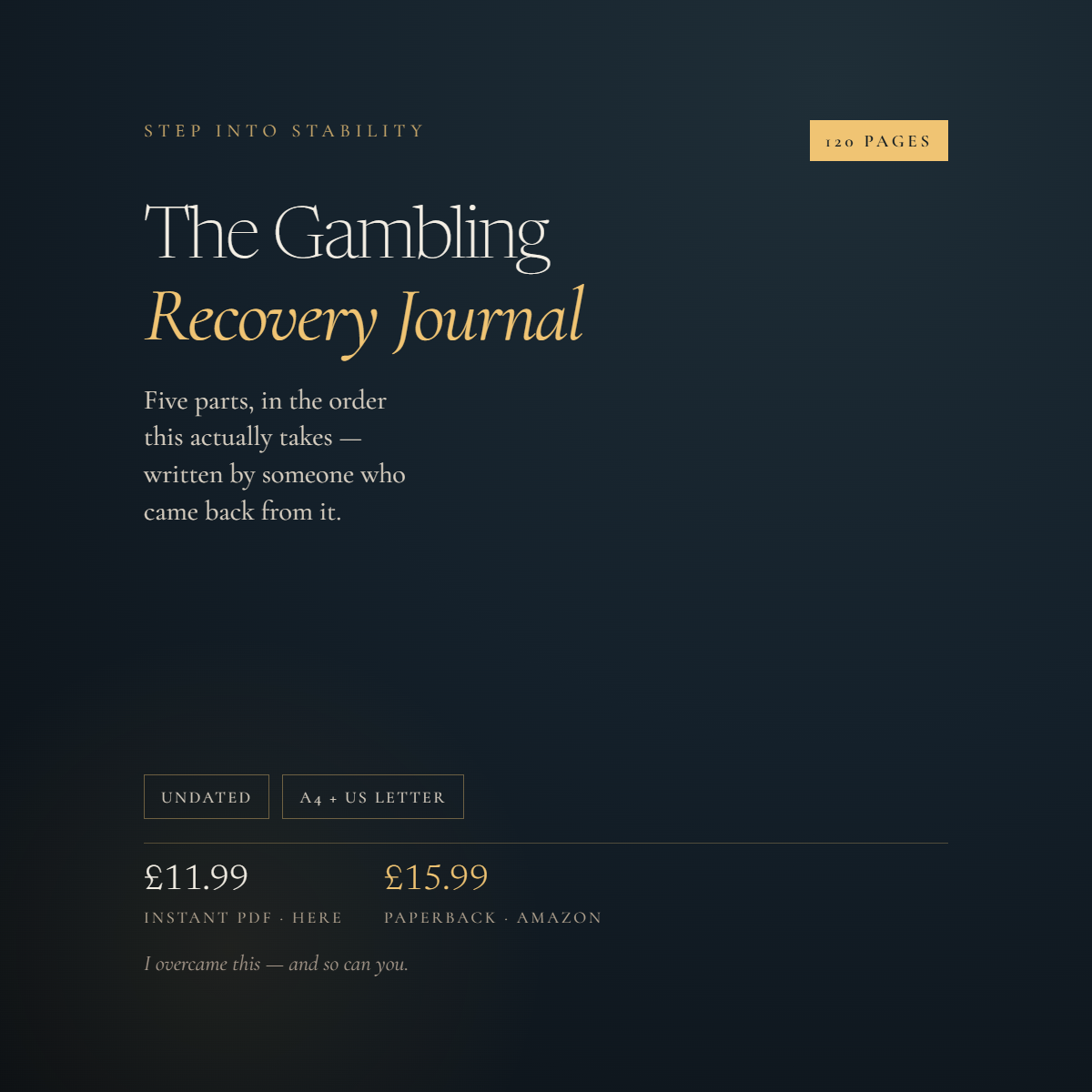 The Gambling Recovery Journal — 120 undated pages in five parts. £11.99 instant PDF here, or £15.99 as a paperback from Amazon.