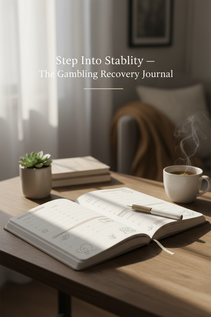 Open printable gambling recovery journal with guided pages, pen, and warm natural light