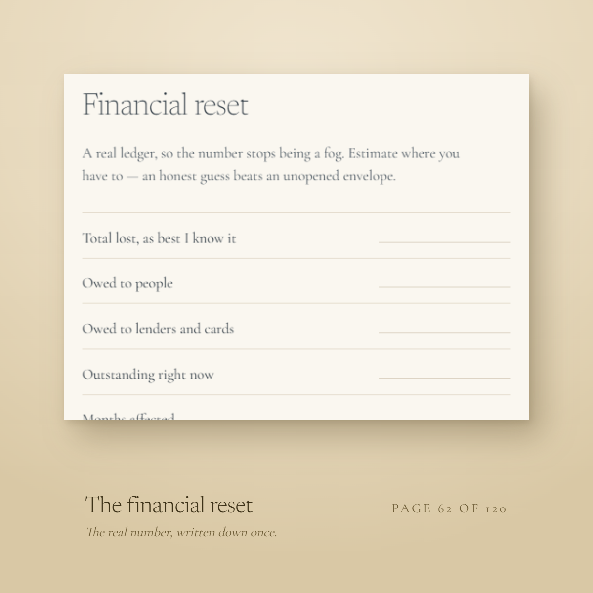 The financial reset, page 62 of 120 — total lost as best I know it, owed to people, owed to lenders and cards, outstanding right now