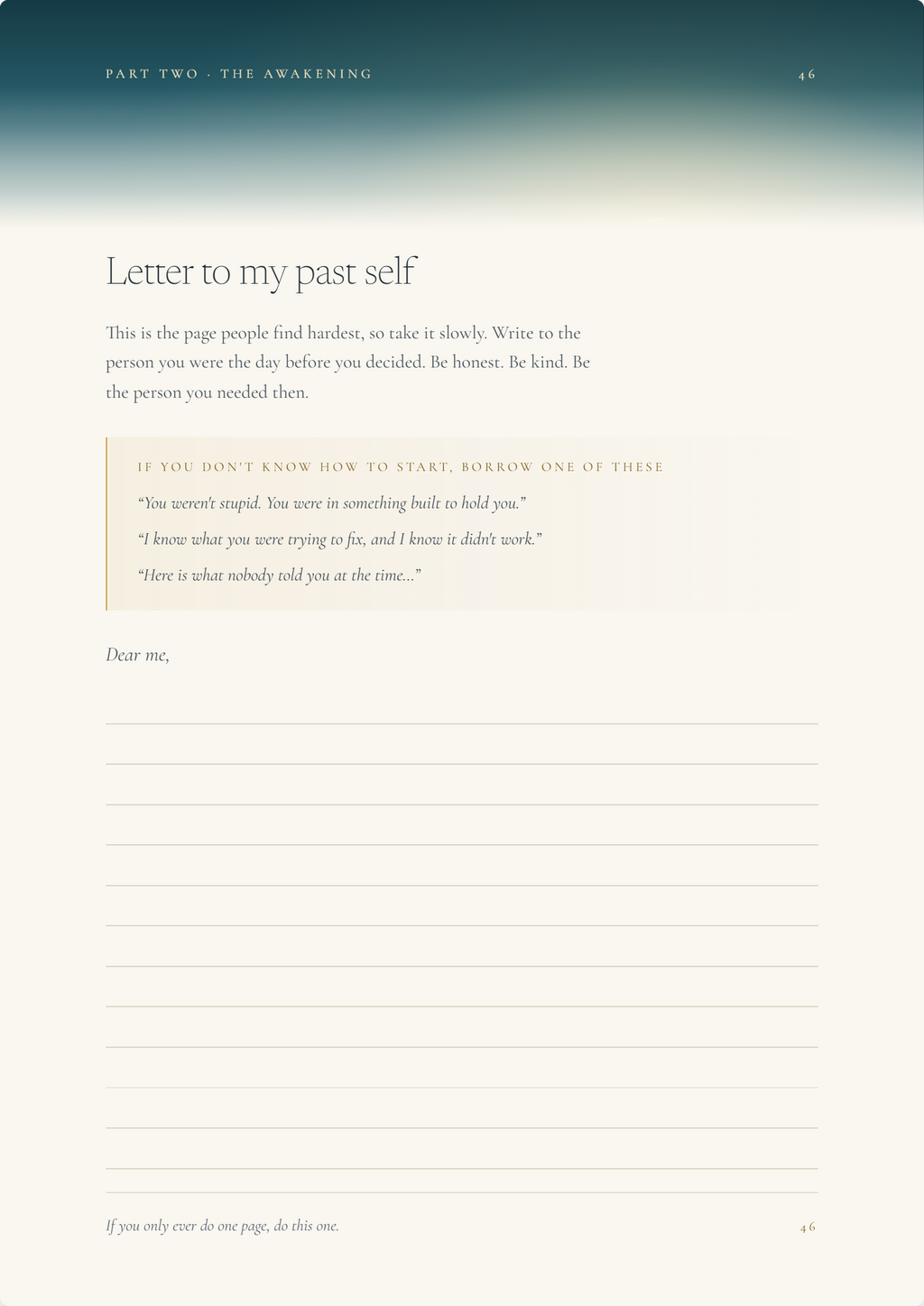 Page 46, Letter to my past self, with ruled writing lines and three opening prompts.