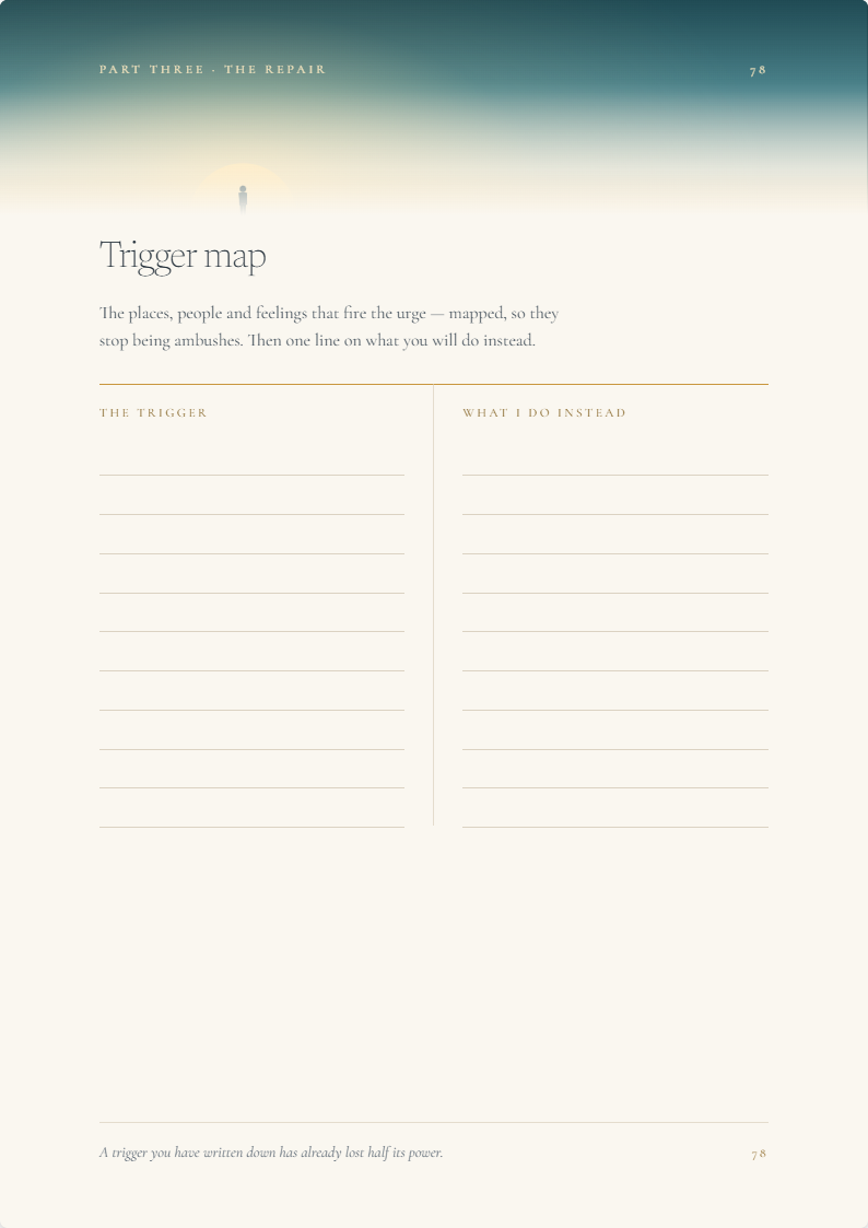 Page 78, the trigger map: places, people and feelings paired with what to do instead.