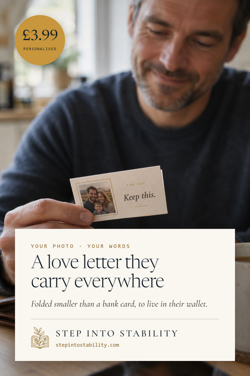 Keep This, £3.99: a man holding a small folded letter reading For Dad, Keep this, with a family photo. A love letter they carry everywhere, folded smaller than a bank card.
