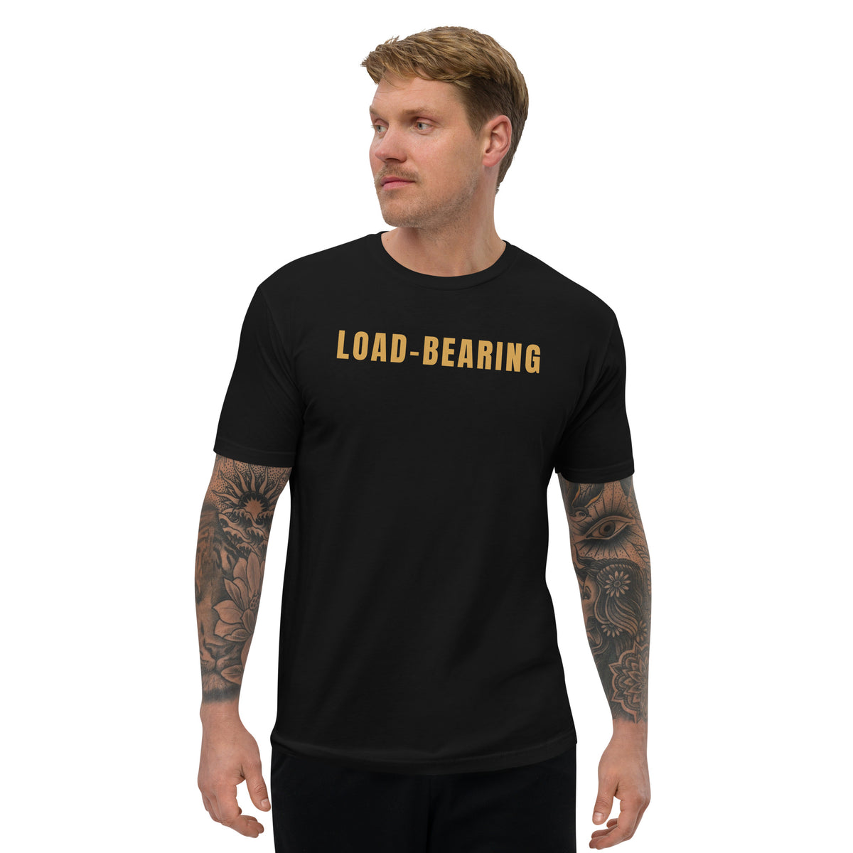 Load-Bearing T-shirt, black, front: LOAD-BEARING in gold across the chest