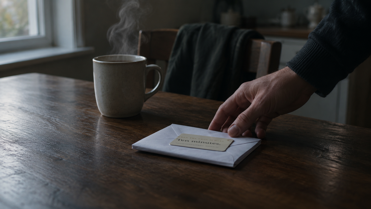 A hand leaving a plain envelope with a wallet card reading Ten minutes on a kitchen table beside a mug of tea — the quiet way to give it