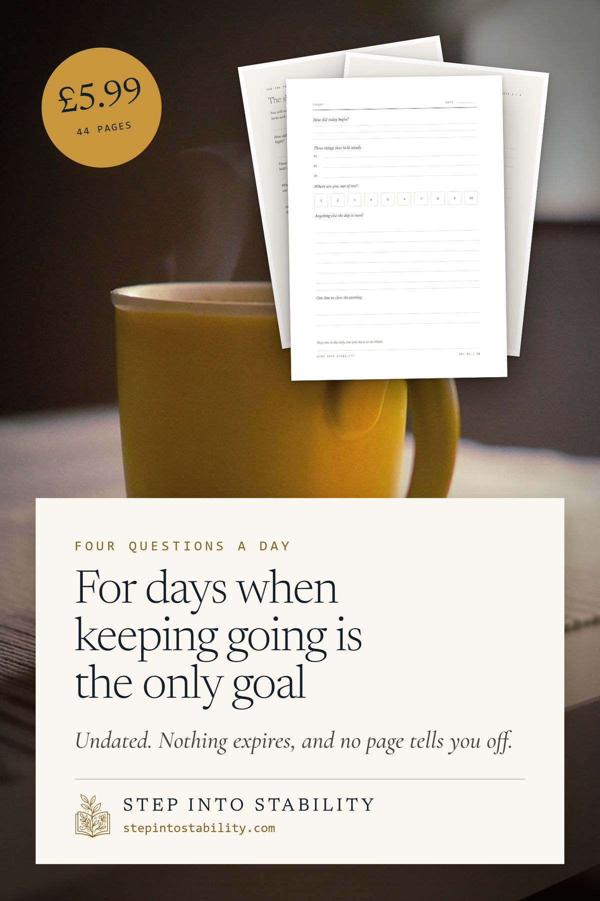The Daily Recovery Journal, 44 undated printable pages with four gentle questions a day, shown as real printed pages. £5.99 instant PDF.