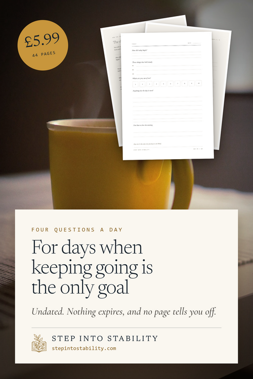 The Daily Recovery Journal, 44 undated printable pages with four gentle questions a day, shown as real printed pages. £5.99 instant PDF.