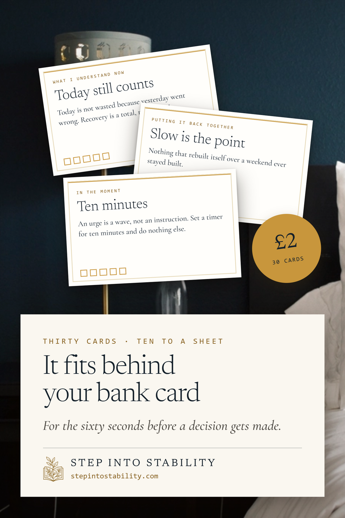 The Pocket Cards, thirty printable wallet cards at bank-card size for the sixty seconds before a decision gets made. £2 instant PDF.