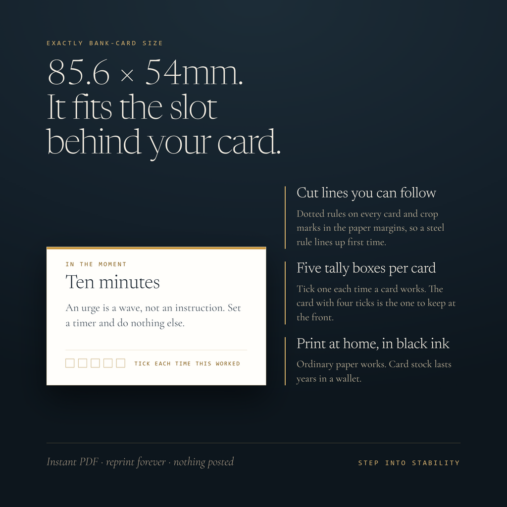 Each card is 85.6 by 54mm, bank-card size, with five tally boxes to tick each time it works