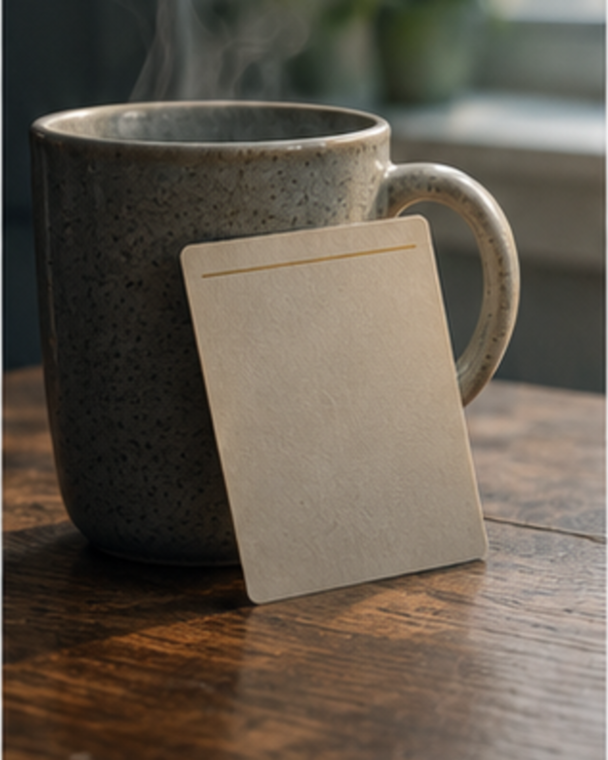 Morning light, a mug of tea and a pocket card propped against it on a wooden table