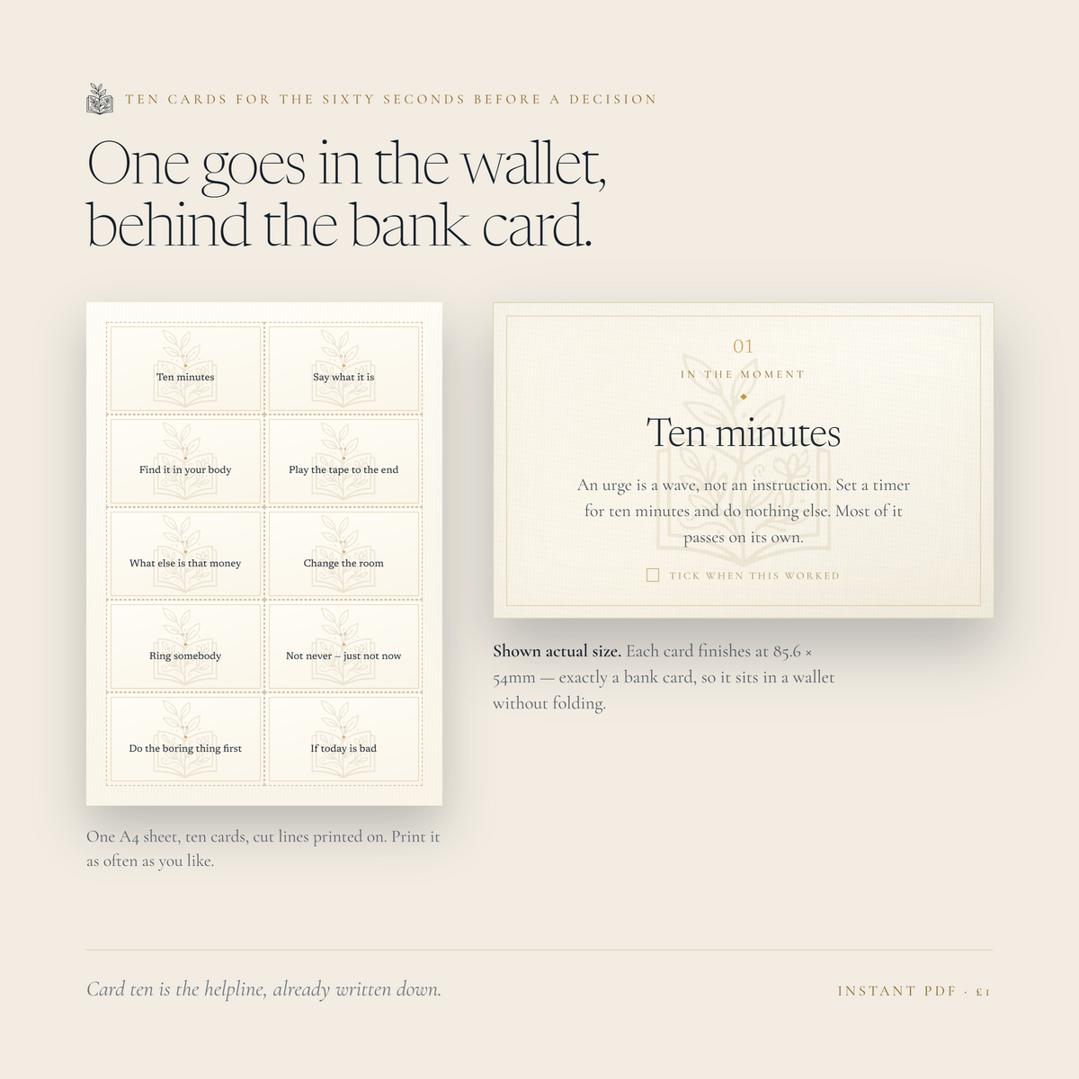 Twenty printable wallet cards at exact bank-card size, 85.6 by 54mm, ten to a sheet with cut lines printed on