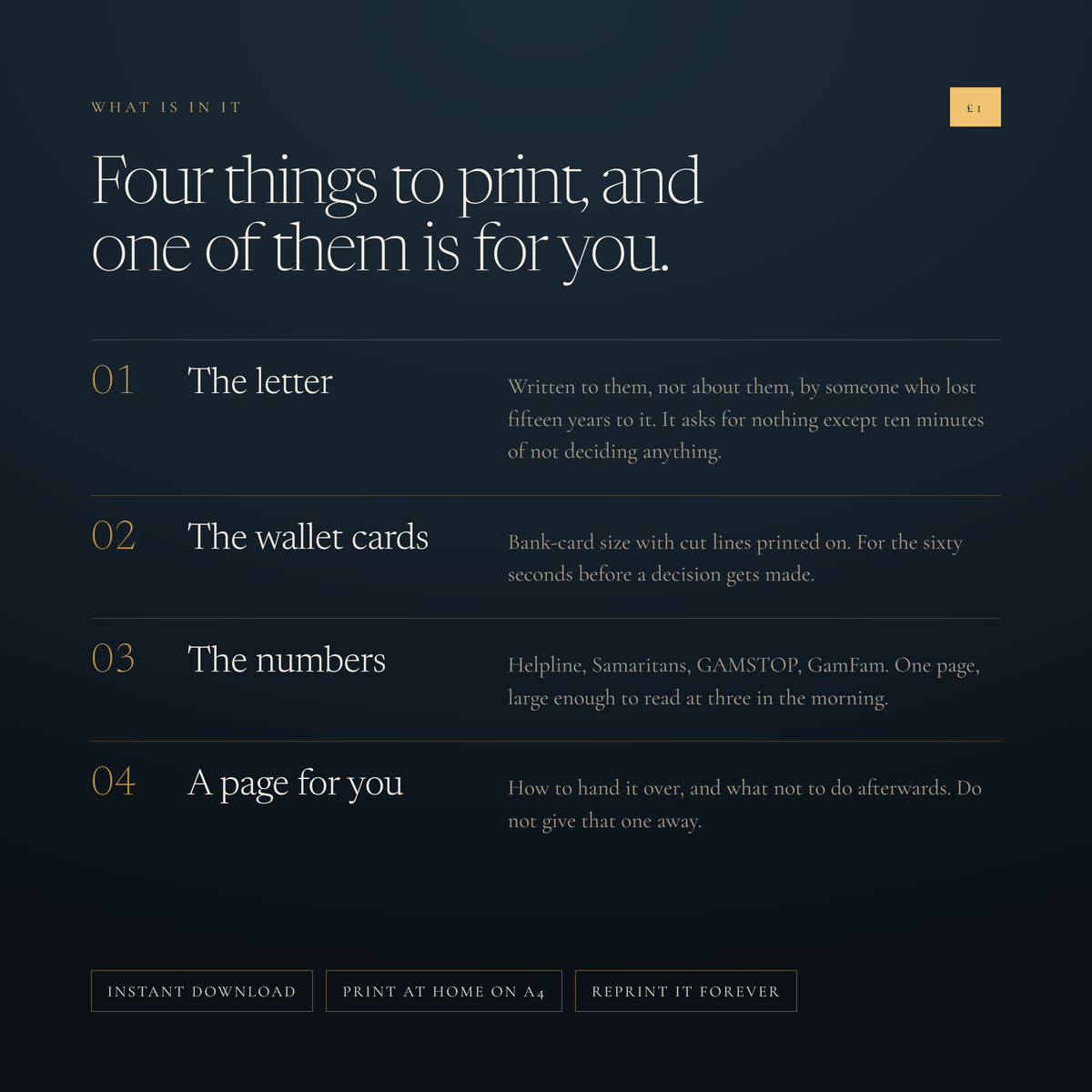 What is in A Small Gift — the letter, the wallet cards, the helpline numbers, and a page for the person giving it