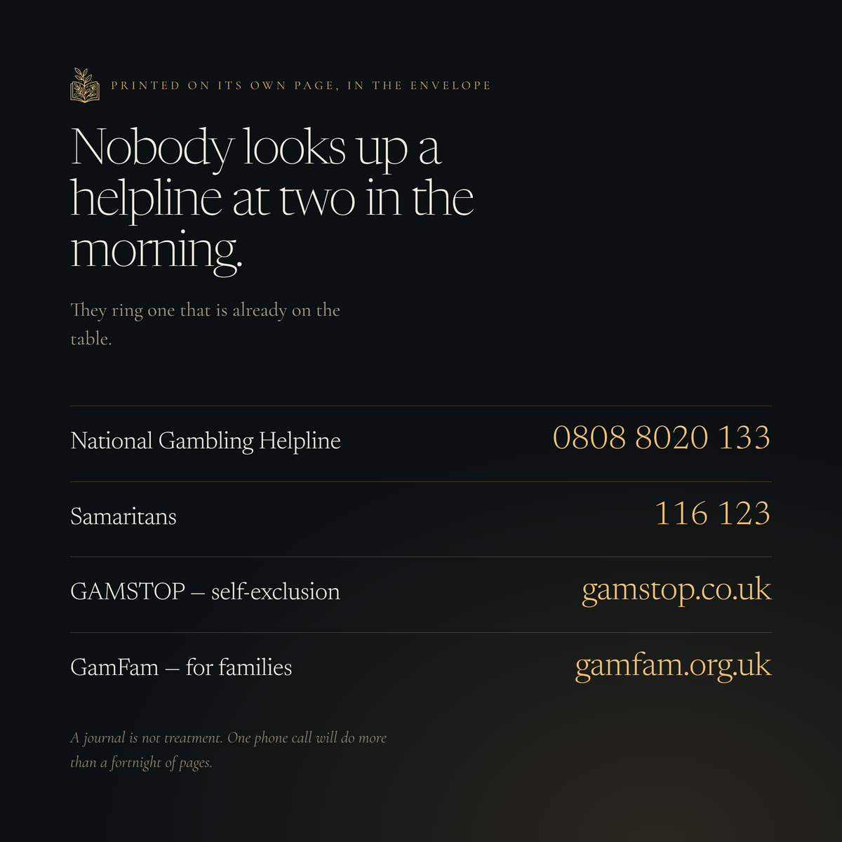 The helpline numbers page — National Gambling Helpline 0808 8020 133, Samaritans 116 123, GAMSTOP and GamFam