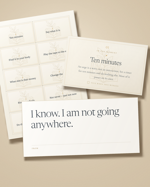 A Small Gift printed out: a sheet of wallet cards, a Ten minutes card and a note reading I know, I am not going anywhere