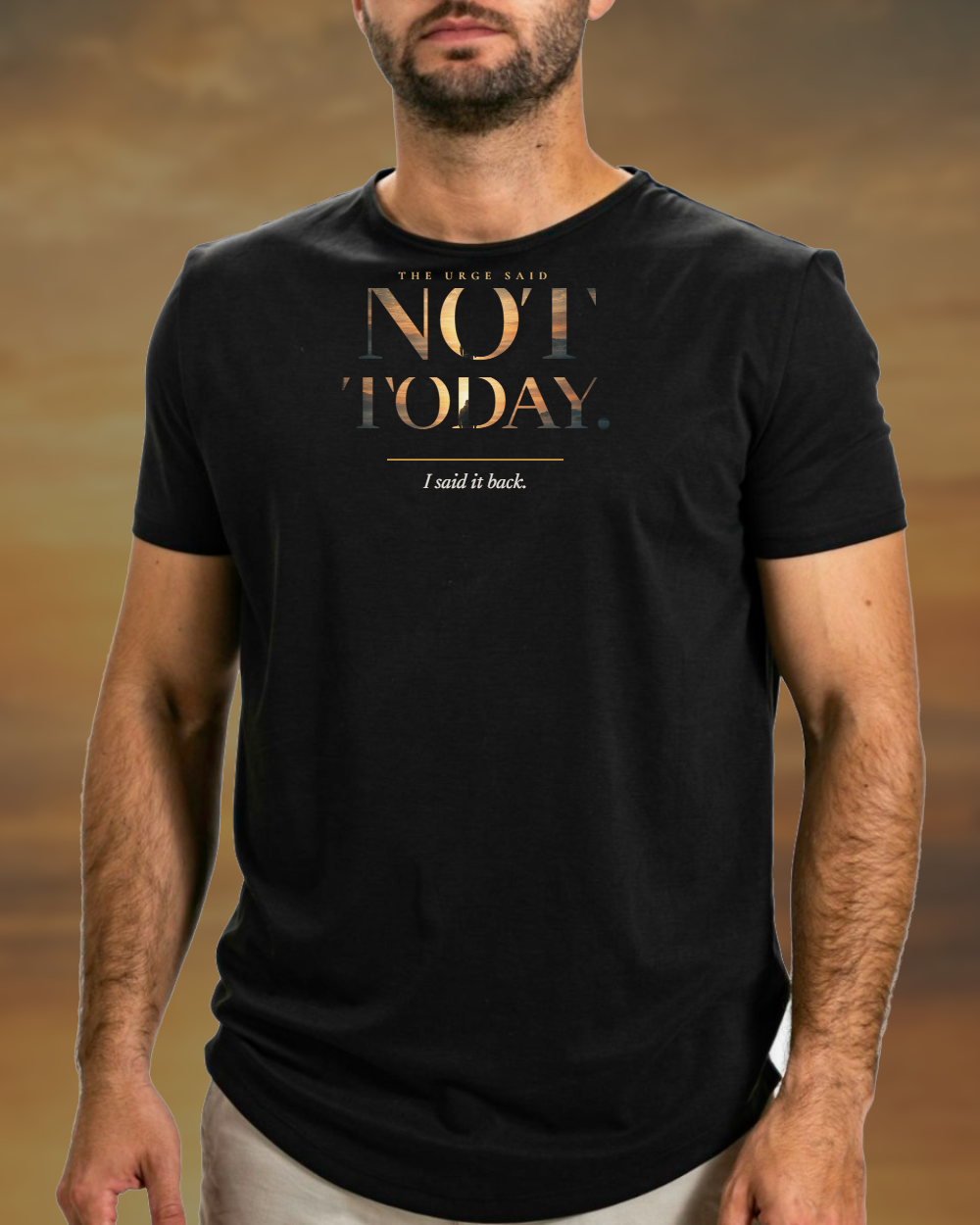 Not Today tee worn by a model, sunrise-filled lettering on a dark shirt