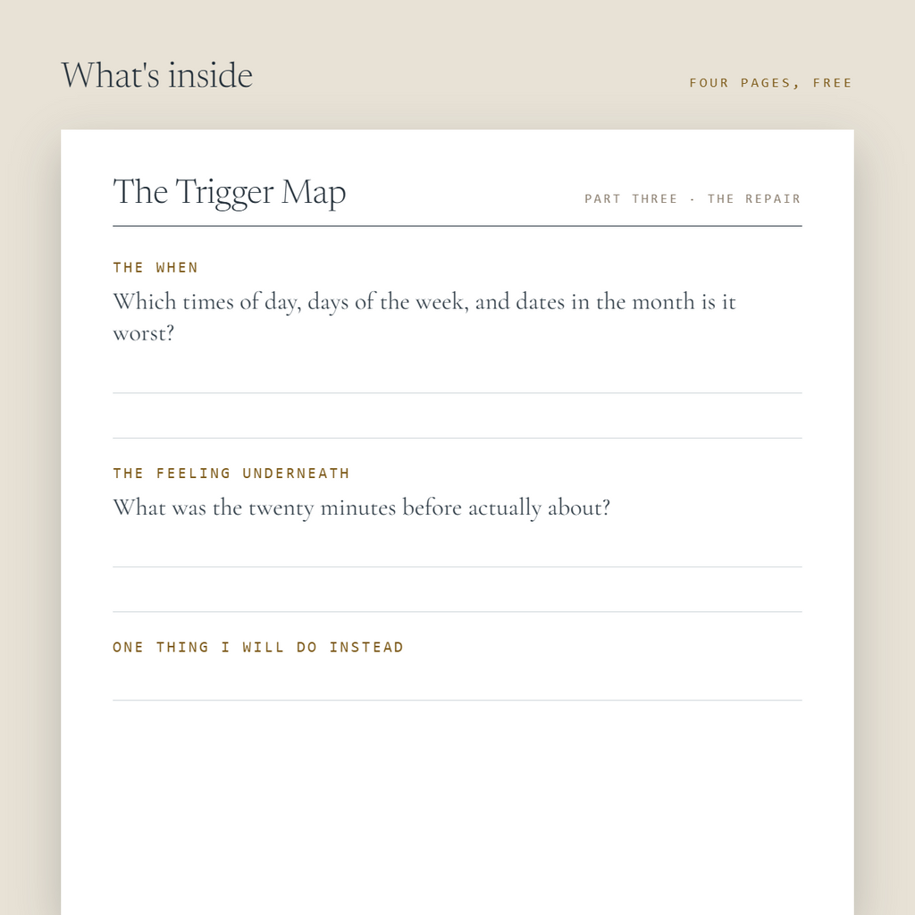 Inside the free Trigger Map: prompts for the when, the feeling underneath, and one thing to do instead.