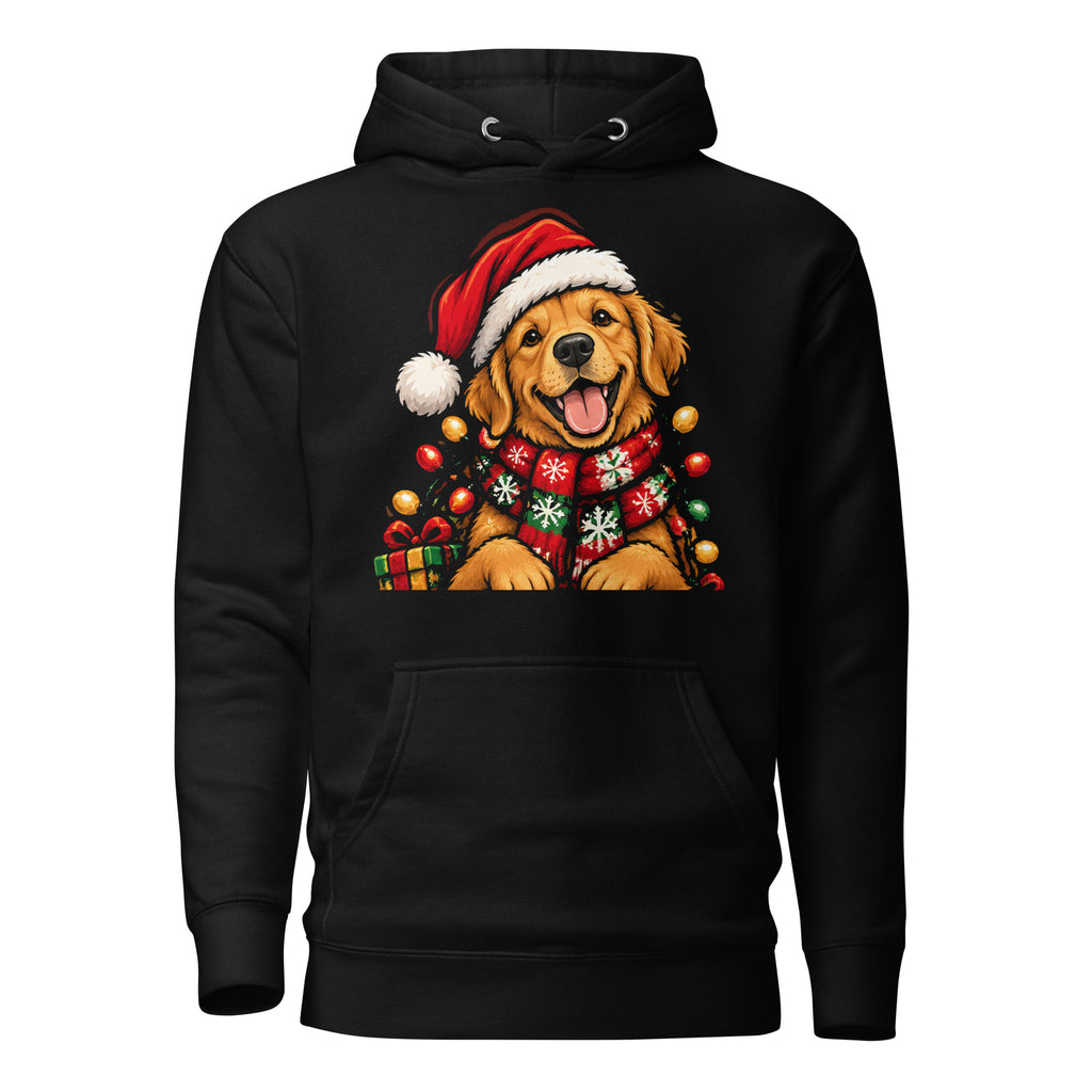 Golden Retriever Christmas Hoodie, a dog in a Santa hat and snowflake scarf on a unisex hoodie