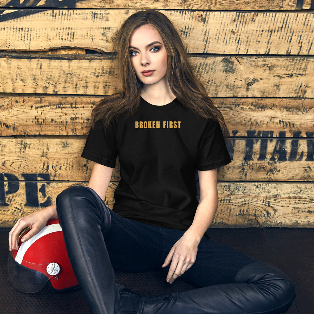 Built Different T-shirt, Black, front: gold BROKEN FIRST across the chest