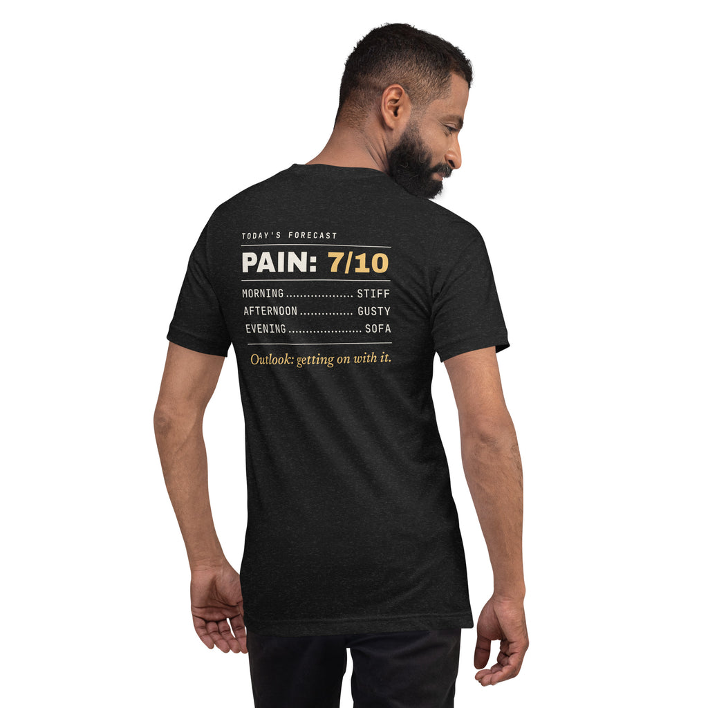 Pain Forecast T-shirt, Black Heather, back: the full pain forecast