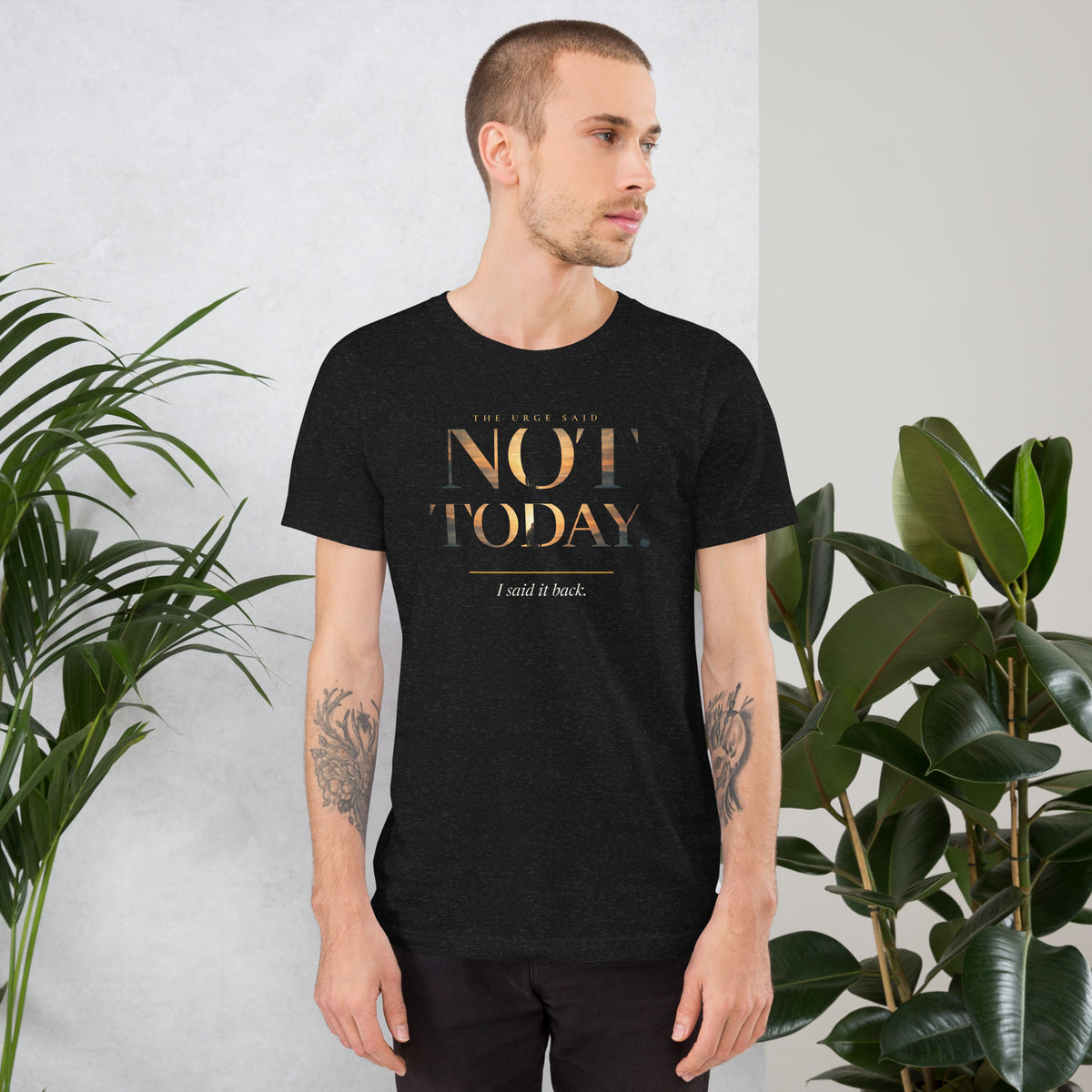 Not Today T-shirt, black heather, front on model