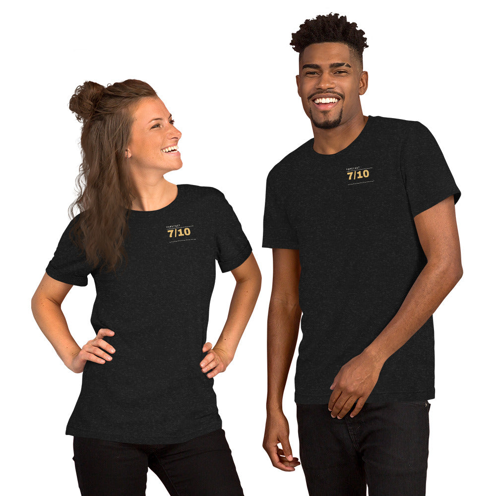 Pain Forecast T-shirt, Black Heather, worn by two people laughing