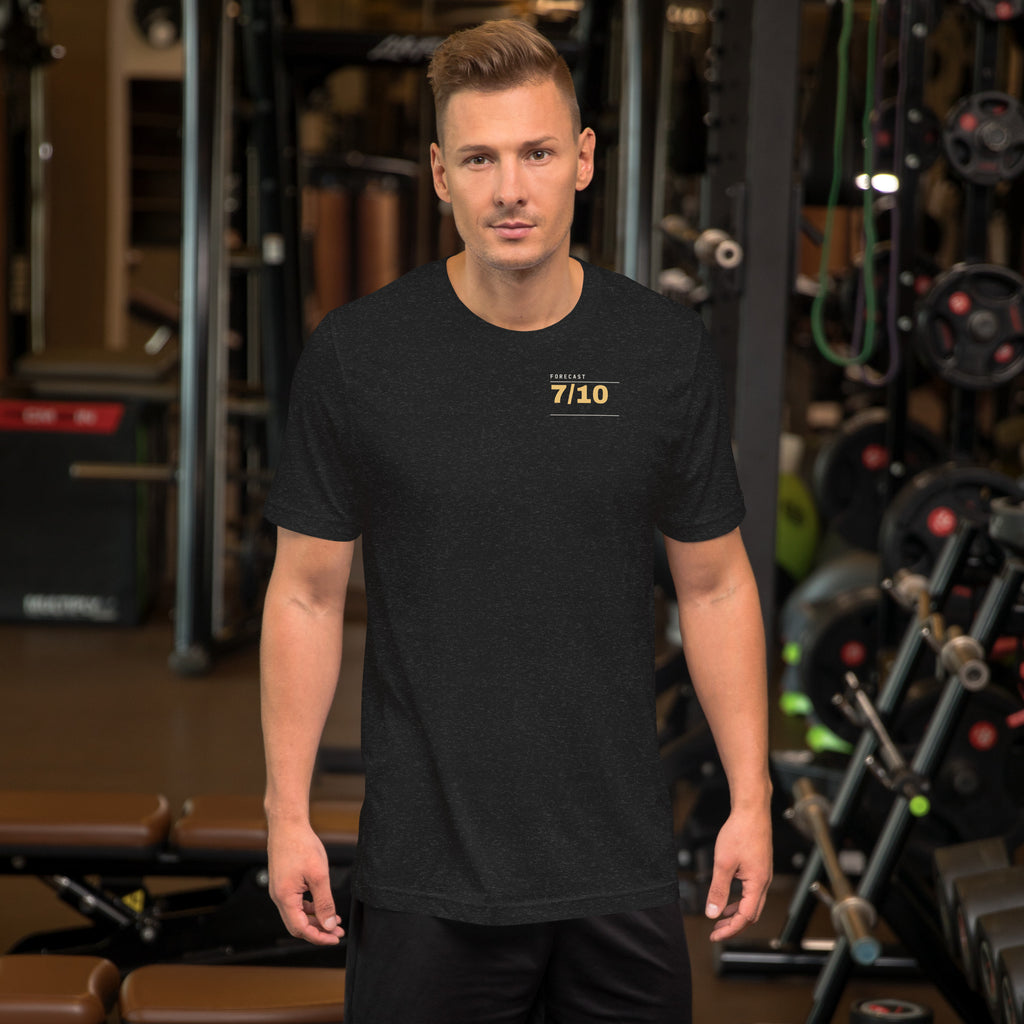 Pain Forecast T-shirt worn in a gym, Black Heather, small FORECAST 7/10 on the chest