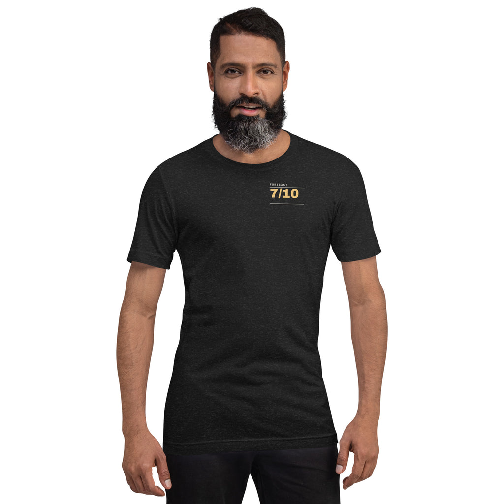 Pain Forecast T-shirt, Black Heather, front on a bearded man