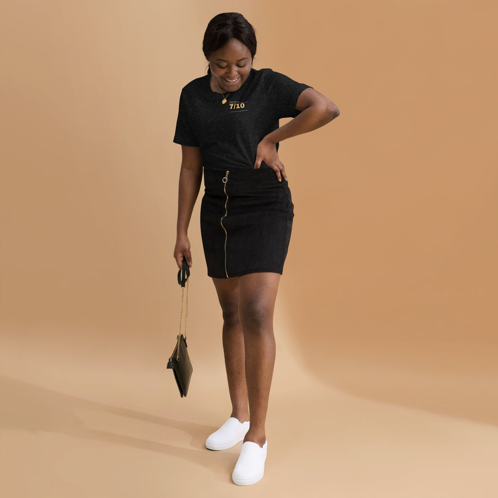 Pain Forecast T-shirt, Black Heather, worn with a skirt