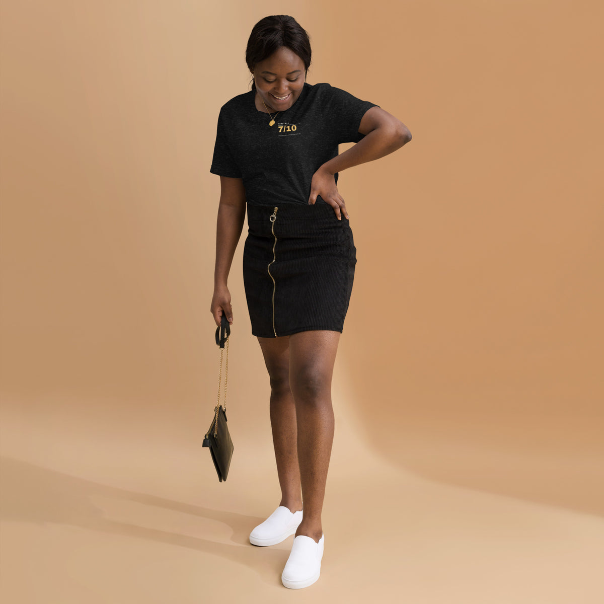 Pain Forecast T-shirt, Black Heather, worn with a skirt