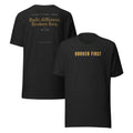 Built Different T-shirt, Black Heather, front BROKEN FIRST and back: Factory settings: cracked. Built different. Broken first. Then rebuilt.