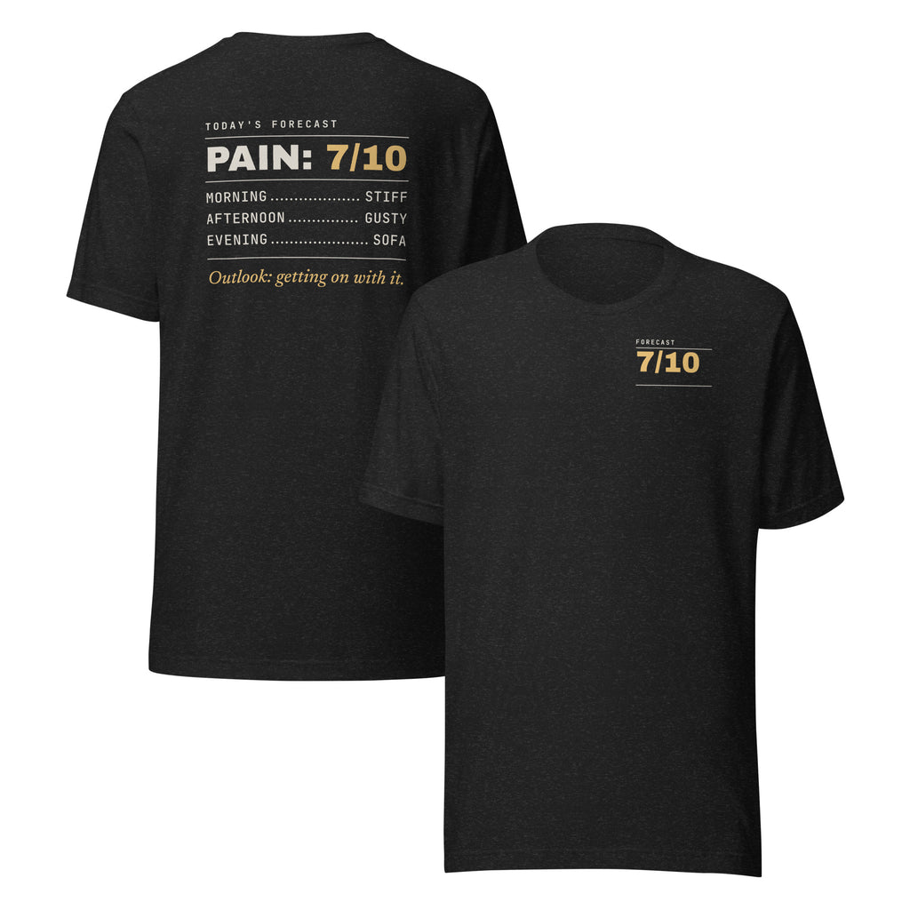 Pain Forecast T-shirt, Black Heather, front FORECAST 7/10 on the chest and full pain forecast on the back