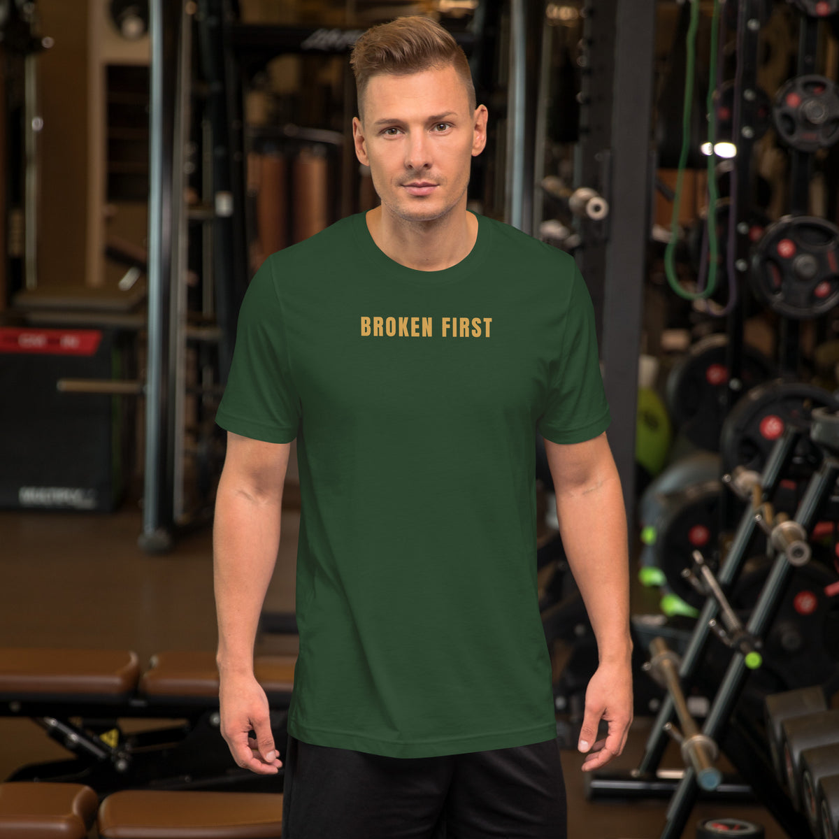 Built Different T-shirt, Forest, front: gold BROKEN FIRST across the chest