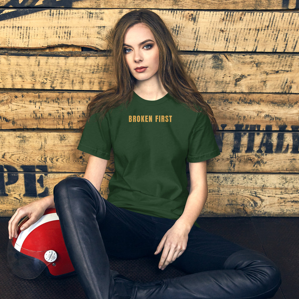 Built Different T-shirt, Forest, front: gold BROKEN FIRST across the chest