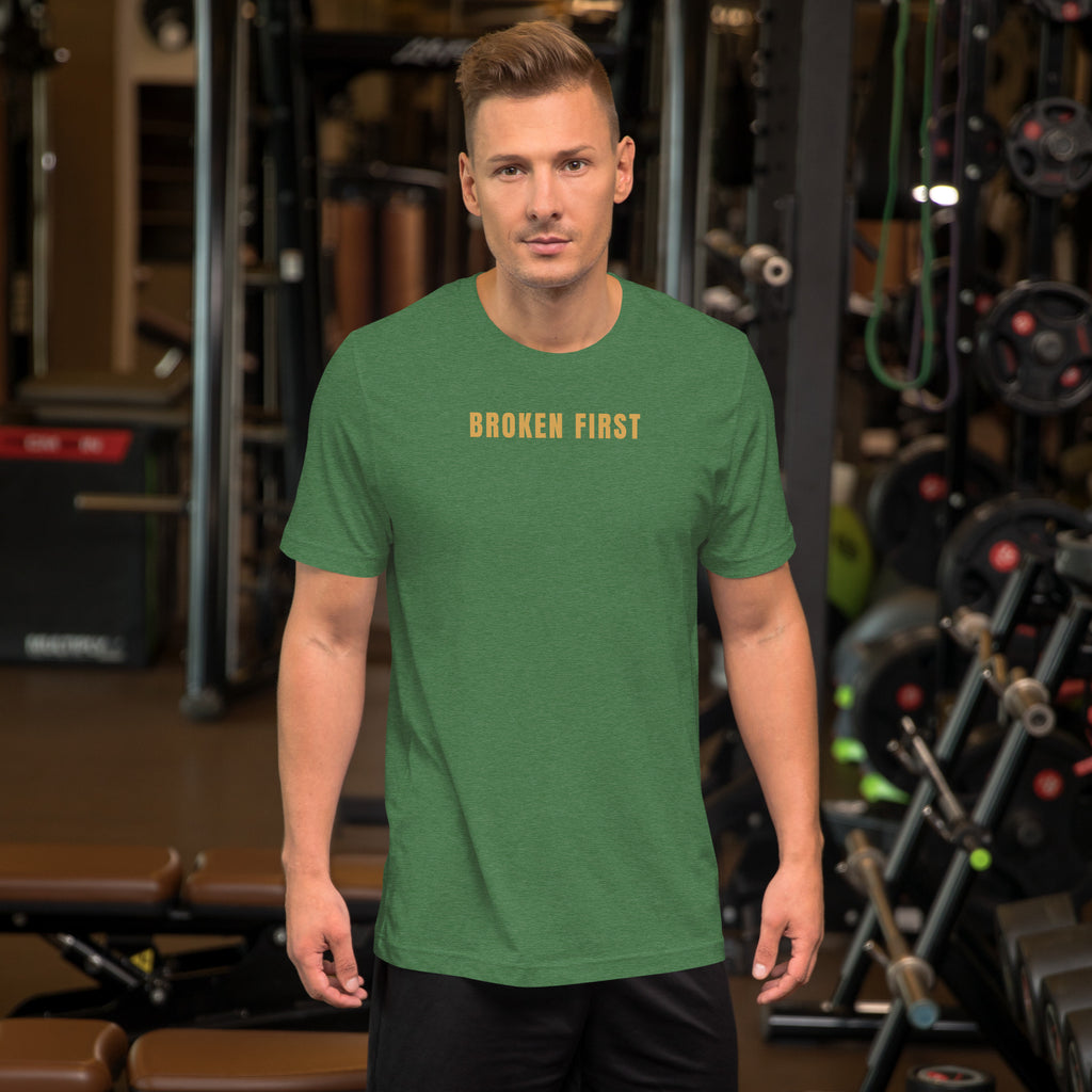 Built Different T-shirt, Heather Grass Green, front: gold BROKEN FIRST across the chest