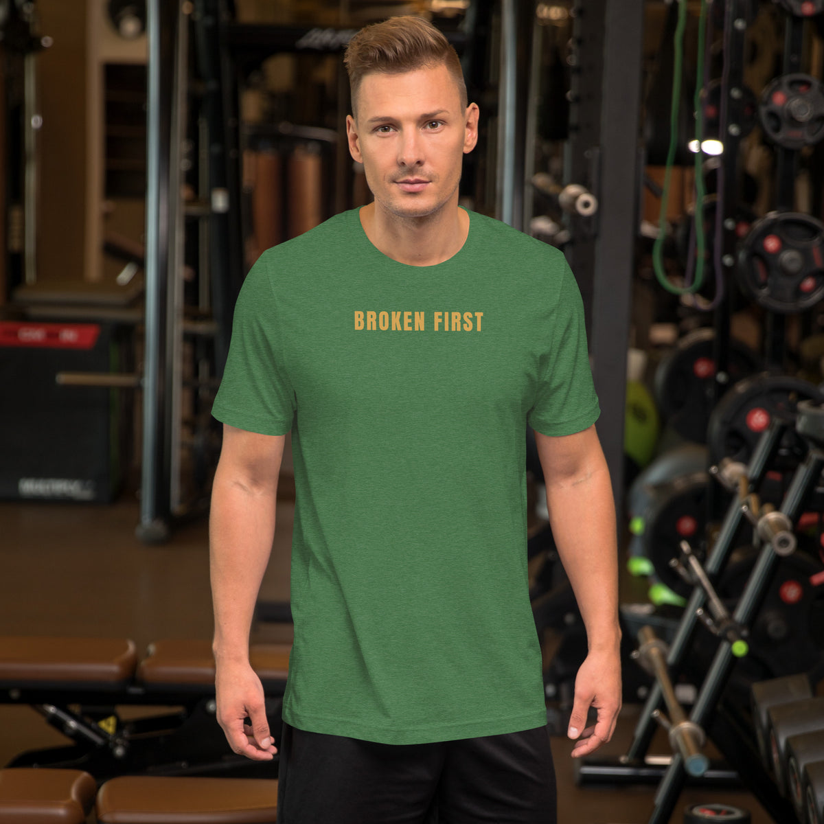 Built Different T-shirt, Heather Grass Green, front: gold BROKEN FIRST across the chest