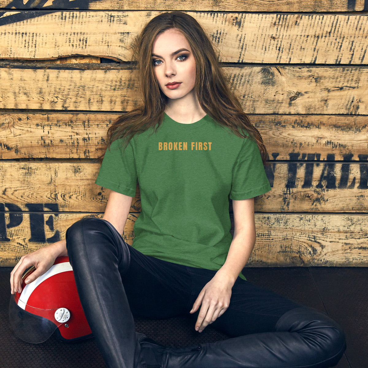 Built Different T-shirt, Heather Grass Green, front: gold BROKEN FIRST across the chest