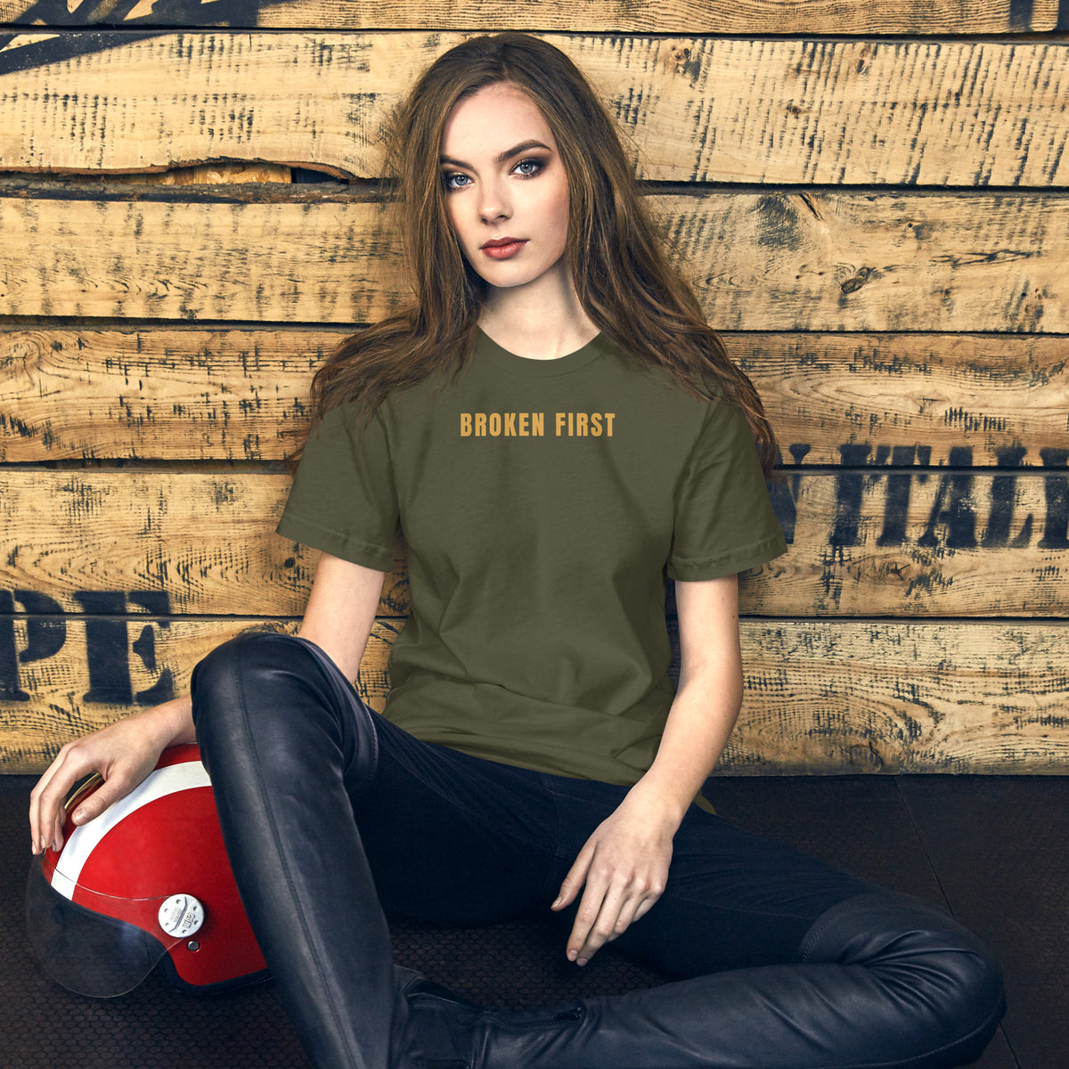 Built Different T-shirt, Military Green, front: gold BROKEN FIRST across the chest