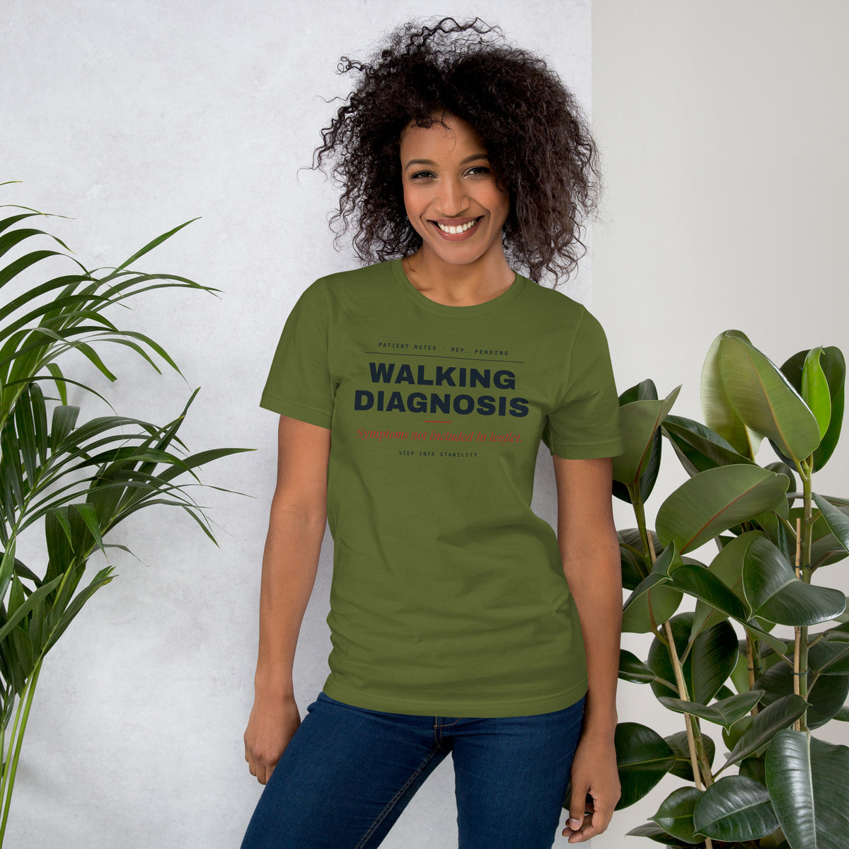 Walking Diagnosis T-shirt, Olive, worn, front print