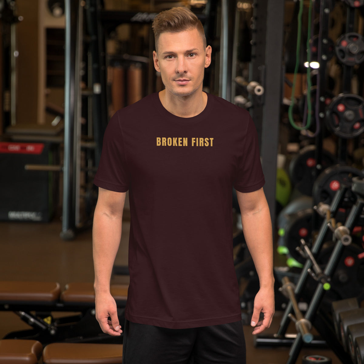Built Different T-shirt, Oxblood Black, front: gold BROKEN FIRST across the chest