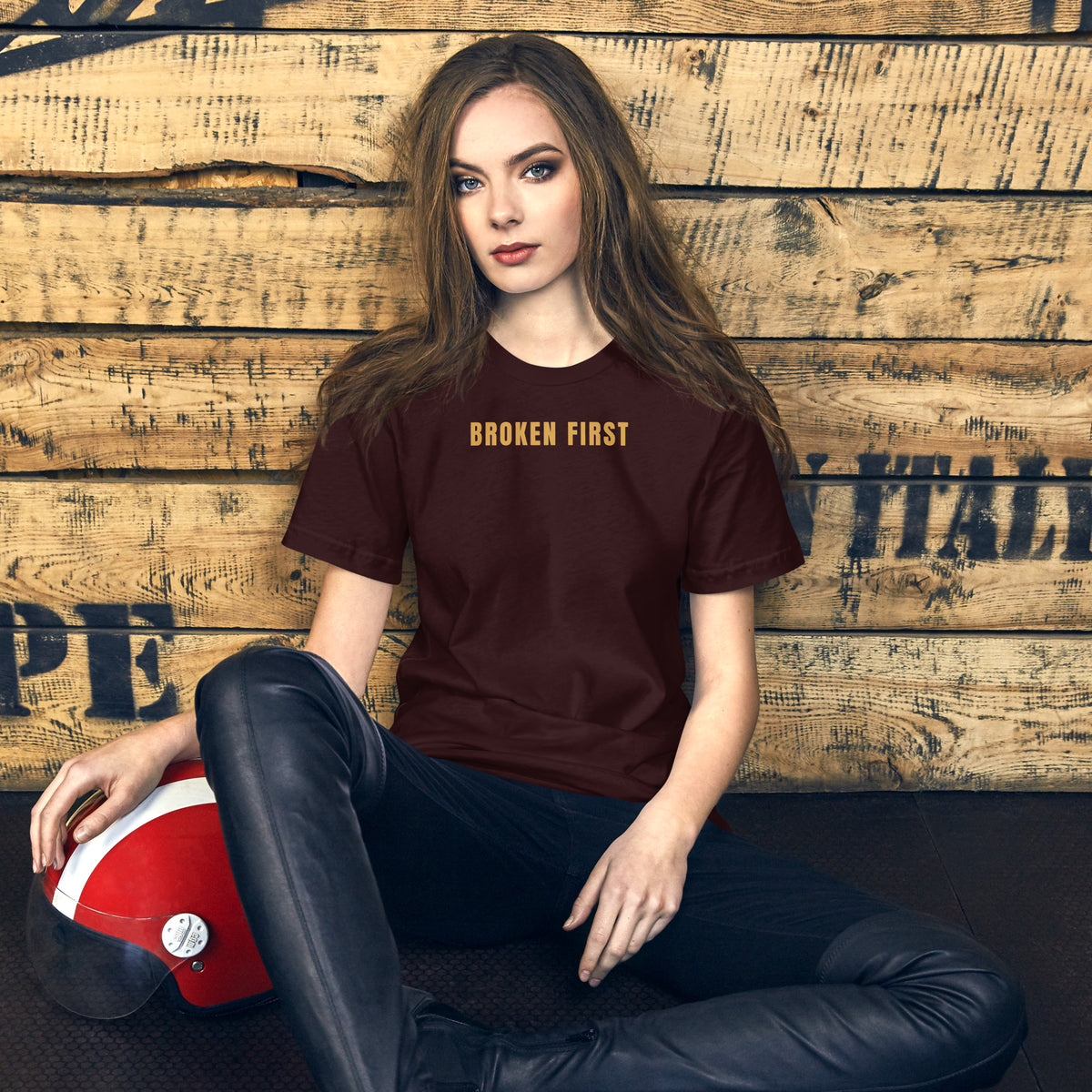 Built Different T-shirt, Oxblood Black, front: gold BROKEN FIRST across the chest