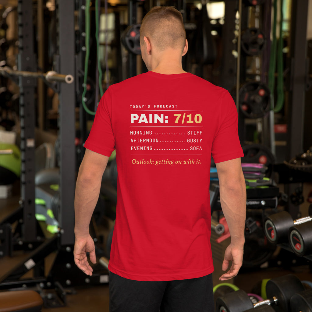 Pain Forecast T-shirt, Red, back worn
