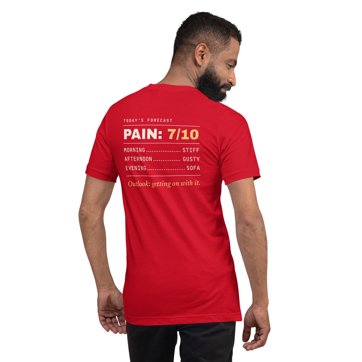 Pain Forecast T-shirt, Red, back: the full pain forecast