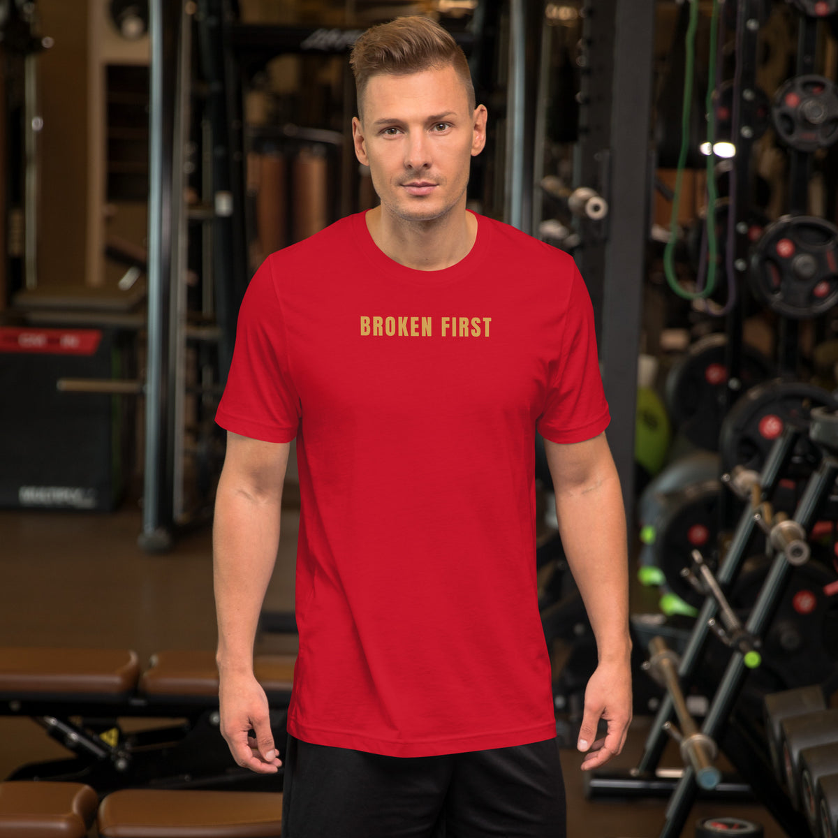 Built Different T-shirt, Red, front: gold BROKEN FIRST across the chest