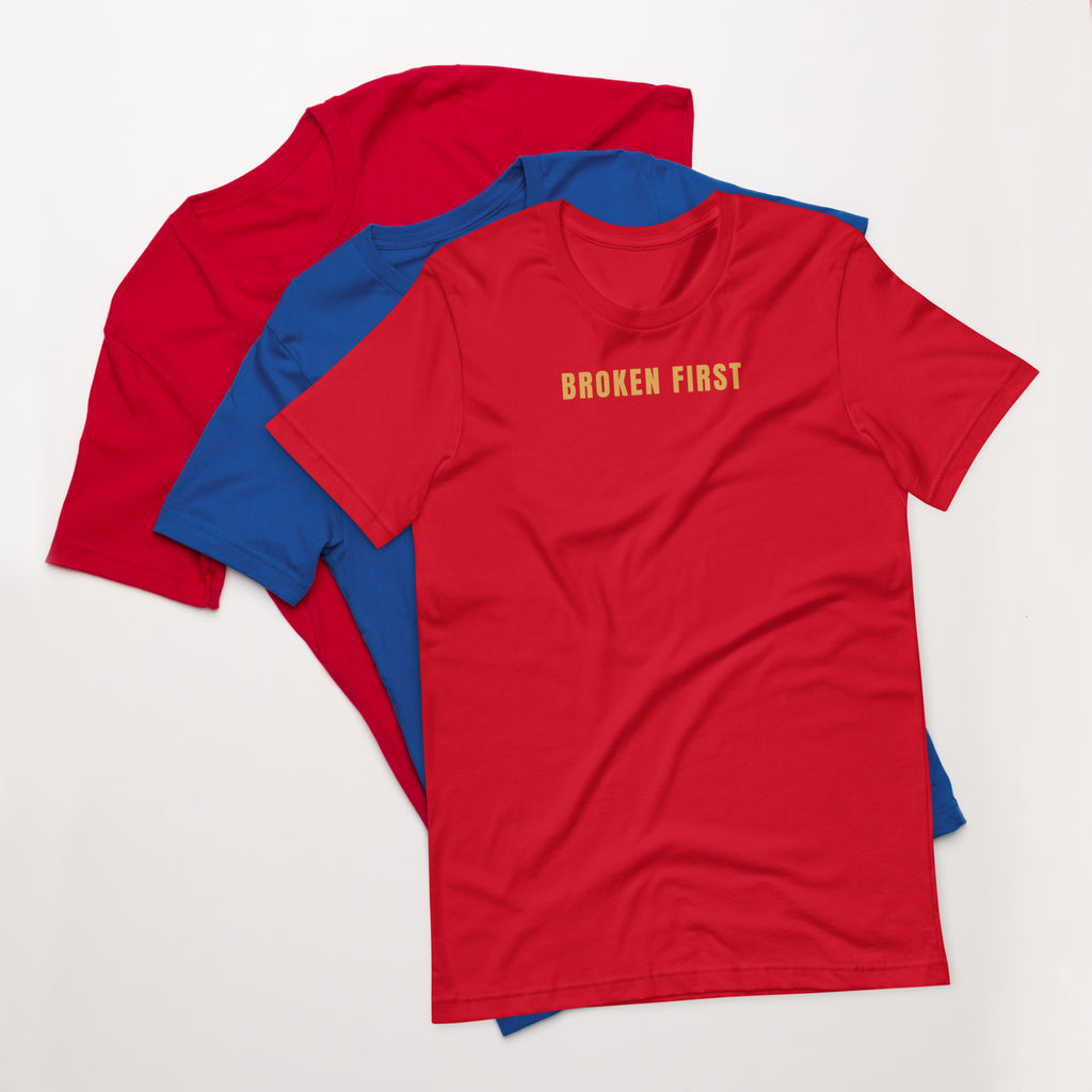Built Different T-shirt, Red, front: gold BROKEN FIRST across the chest
