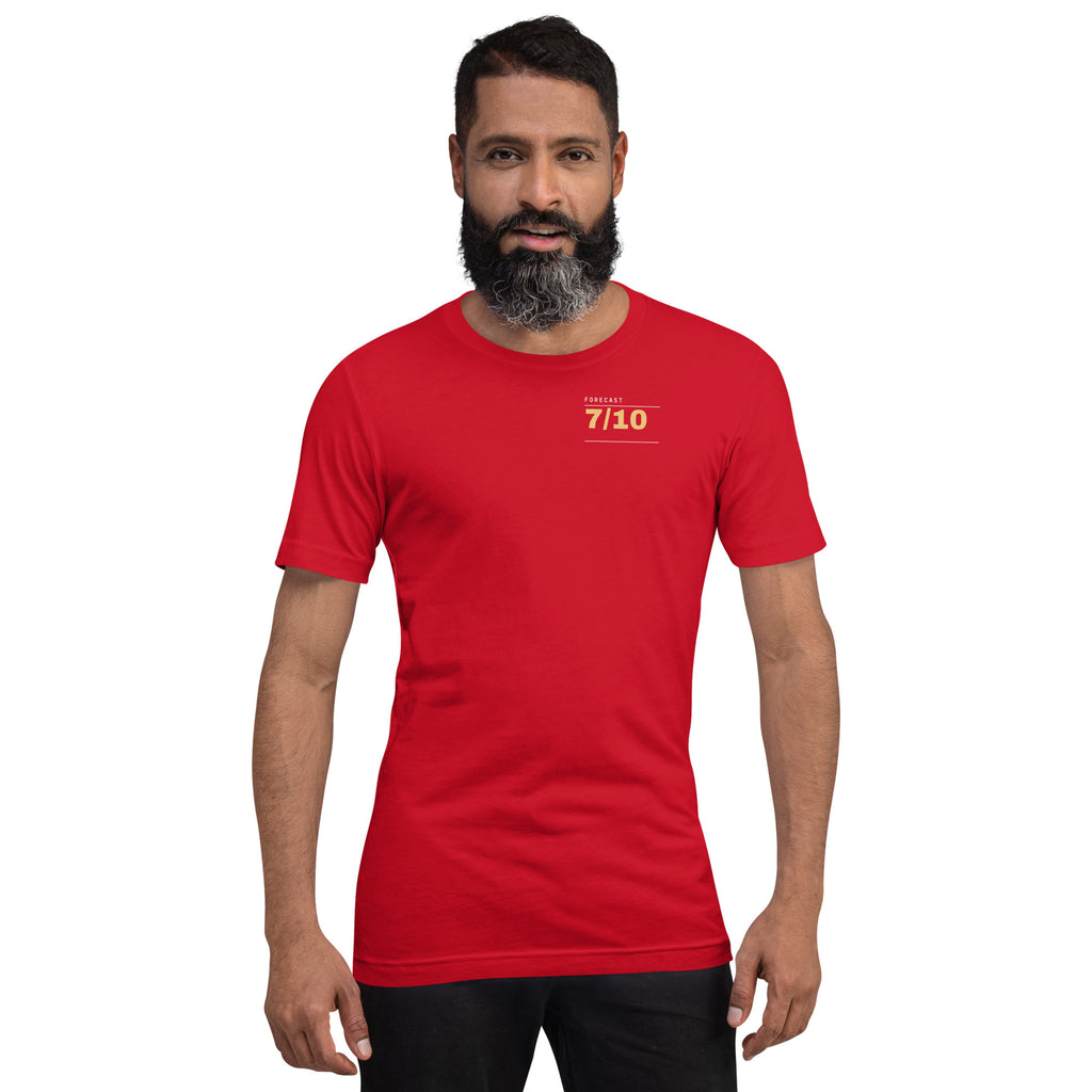 Pain Forecast T-shirt, Red, front: FORECAST 7/10 on the chest